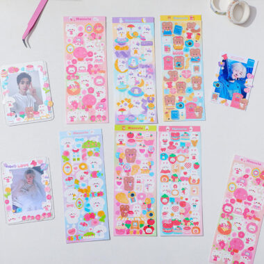 Cartoon anime sticker sheet with sweet decorative designs