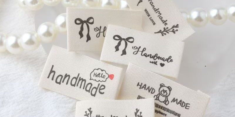 Beige embroidered alphabet woven label for clothing and handmade accessories