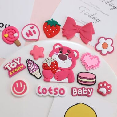 Cute strawberry bear PVC decorative label for apparel bags crafts