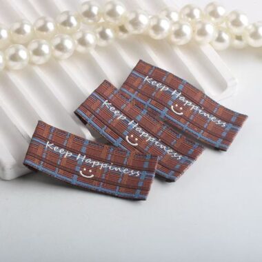 Korean style brown plaid smiley handmade clothing labels